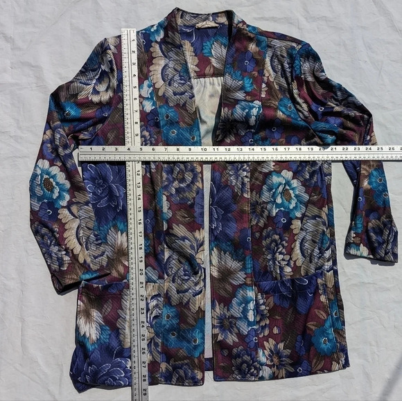 Vintage Tan Jay Floral Silky Open Front Cardigan with Shoulder Pads Woman 14 - Picture 3 of 10